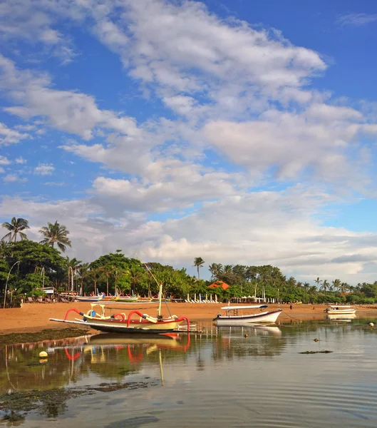 Panorama vertical Vista de los coloridos barcos de pesca de Bali en el Bea —  Fotos de Stock