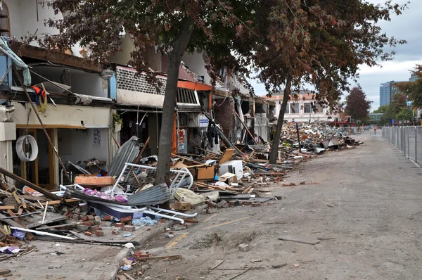 Terremoto de Christchurch - Devastação total na Rua Colombo . — Fotografia de Stock