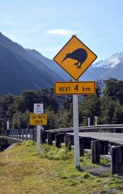 kivi sonraki 4 km tabelaya arthurs geçmek, Yeni Zelanda.