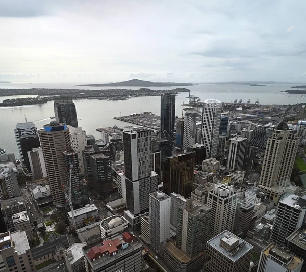 Auckland City Harbour Vertical Aerial Panorama Looking East Rangitoto Island — Stock Photo, Image