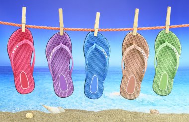 arka planda deniz manzarası ile renkli flip-flop