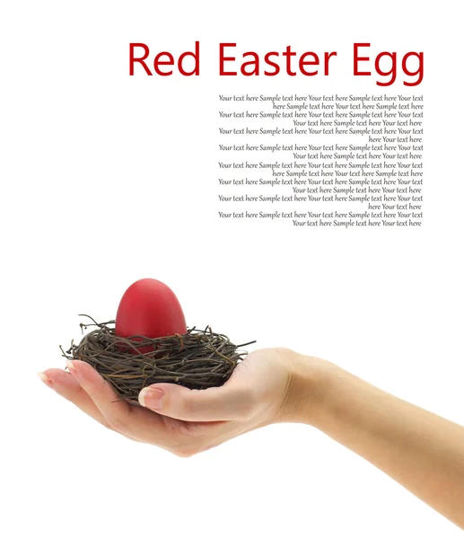 Mano femminile che tiene un uovo di Pasqua rosso nel nido — Foto Stock