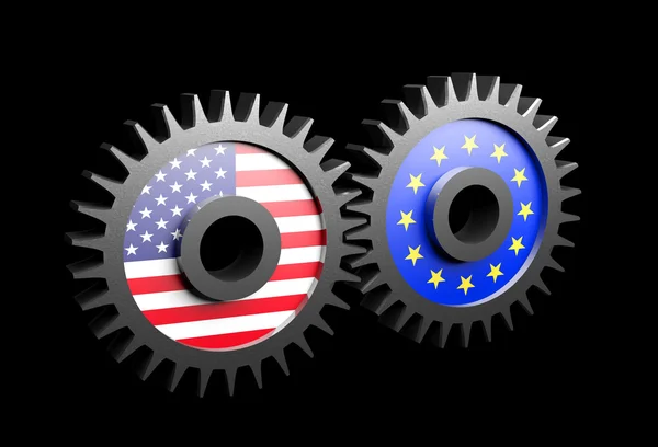 Two gears with the flags of usa and European union — Stock Photo, Image
