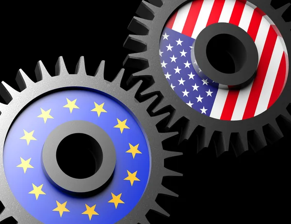 Two gears with the flags of usa and European union — Stock Photo, Image