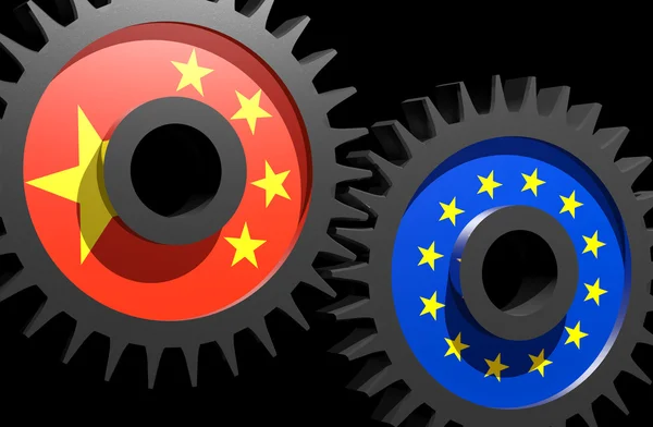 Two gears with the flags of China and European union — Stock Photo, Image