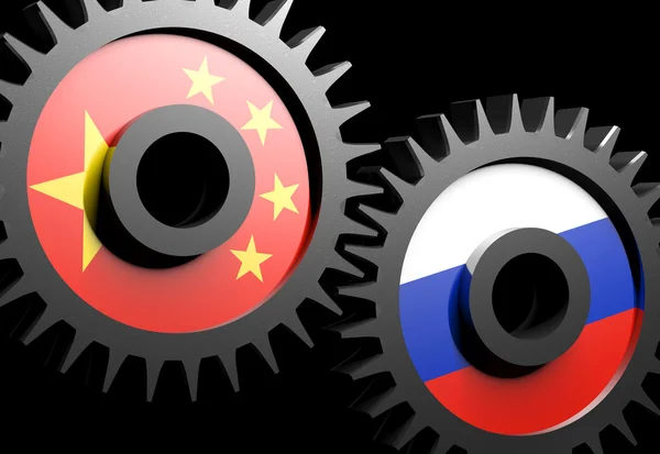 Two gears with the flags of China and Russia — Stock Photo, Image