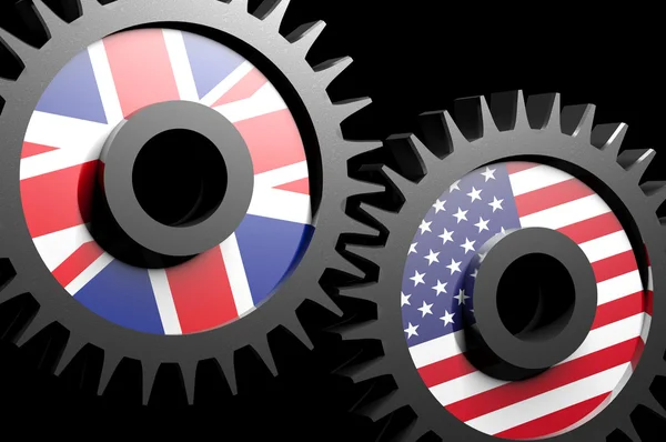 Dos engranajes con las banderas de Estados Unidos y Reino Unido — Foto de Stock