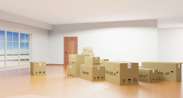 Home interior with cardboard boxes