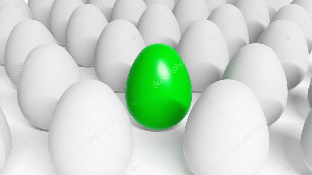 Green Easter egg among white eggs