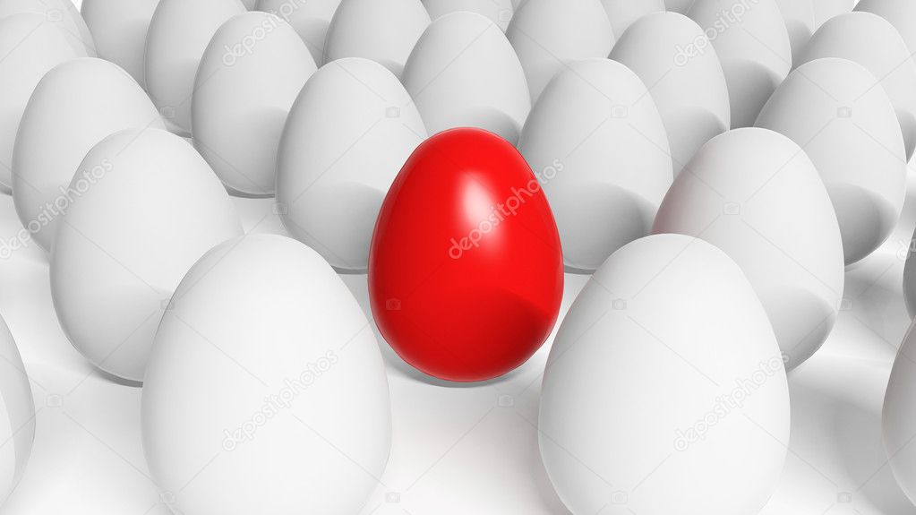 Red Easter egg among white eggs