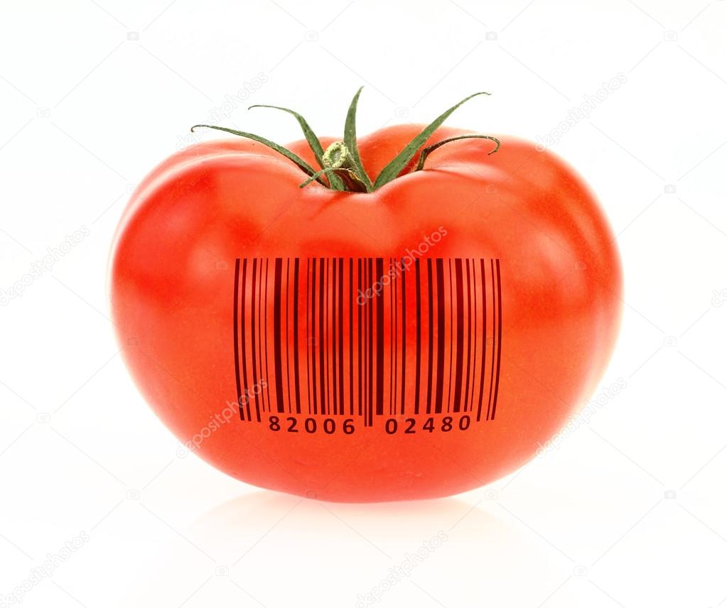 Tomato coded to represent product identification ⬇ Stock Photo, Image