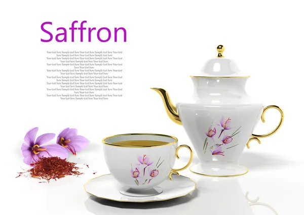 Teapot and teacup with saffron — Stock Photo, Image