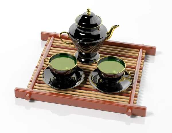 Black teapot and teacups on wooden tray — Stock Photo, Image