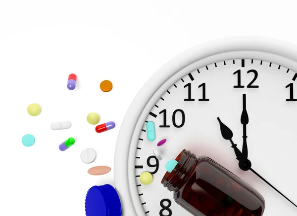 Relógio e pílulas saem de um frasco de remédio — Fotografia de Stock
