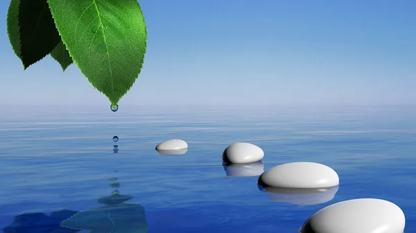 Piedras Zen en el agua azul y hoja verde con gota de agua —  Fotos de Stock