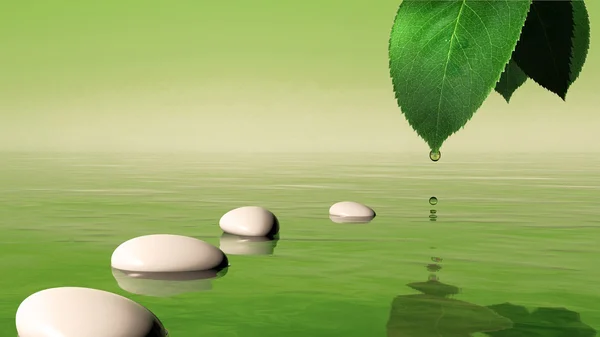 Zen stones in the blue water and green leaf with water drop — Stock Photo, Image