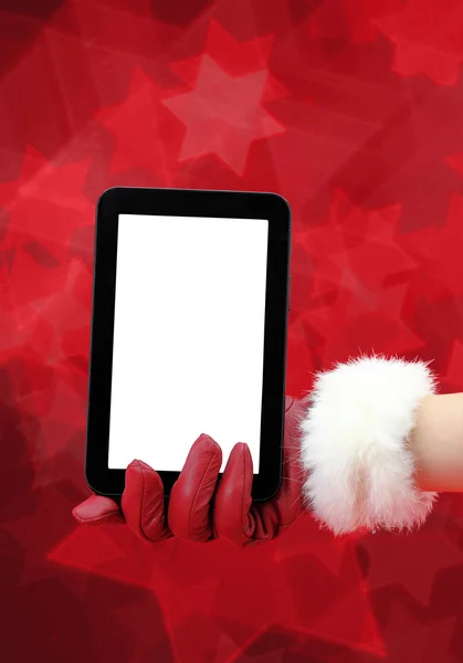 红色的手套，拿着一台 tablet pc 的女人的手 — 图库照片