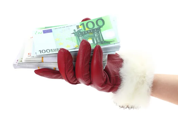Woman's hand with red glove holding gift of money — Stock Photo, Image
