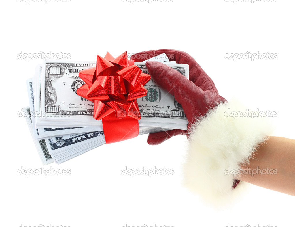 Woman's hand with red glove holding gift of money