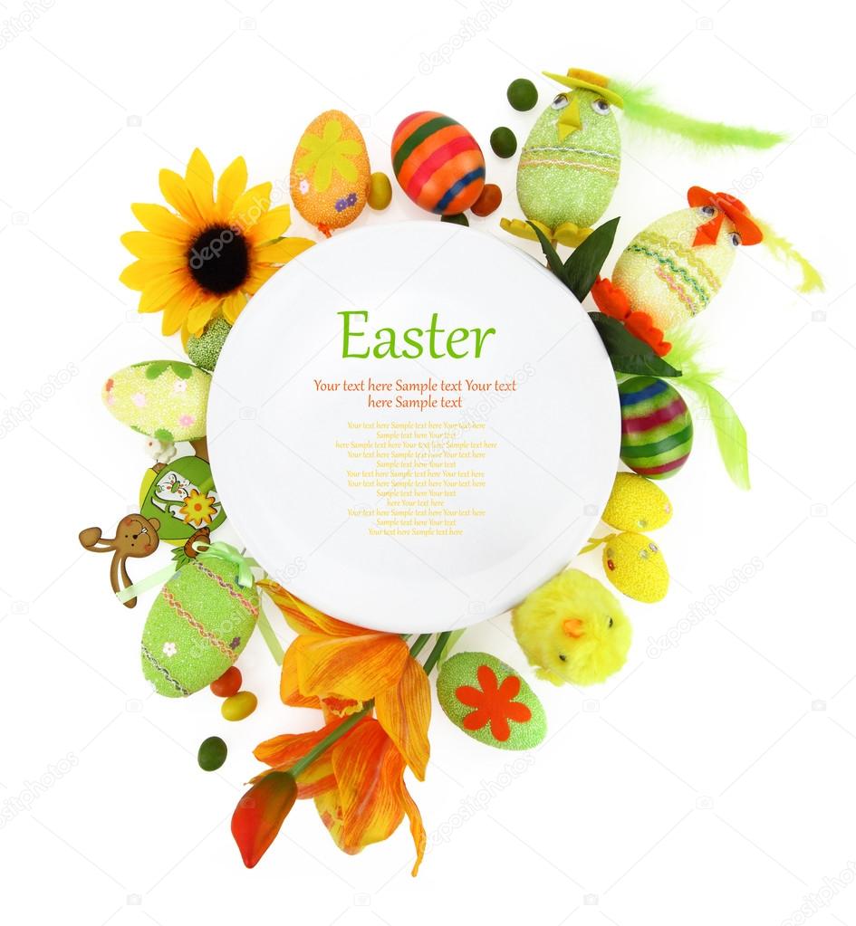 White plate with flowers and Easter eggs