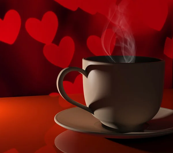 Amor del café. Caliente taza de café frente a fondo de San Valentín con corazones — Foto de Stock