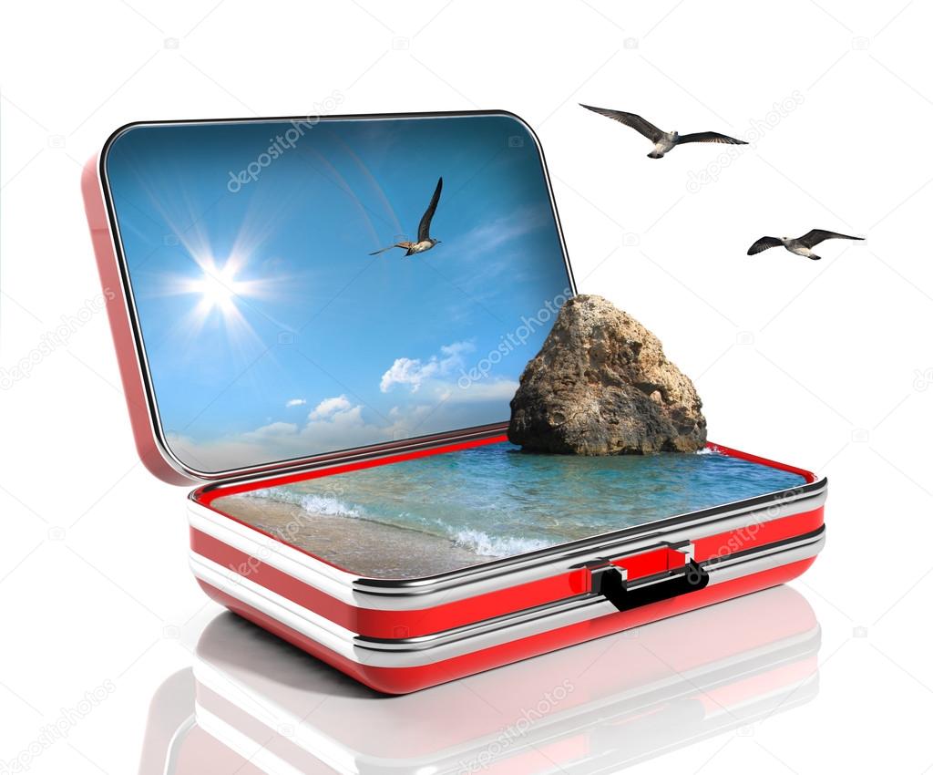 Summer vacation concept. Travel suitcase with seascape inside