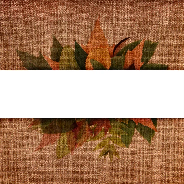 Herfstbladeren op stof textuur met lege banner — Stockfoto