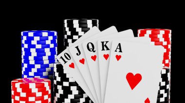 Casino fişi ve bir floş royal iskambil poker eli
