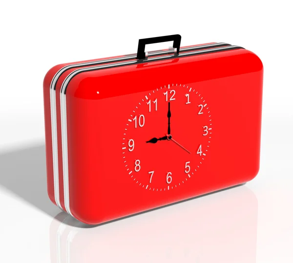 Tiempo de vacaciones. Maleta de viaje roja con reloj — Foto de Stock