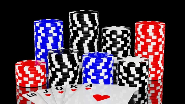 Kasino čipy a královská postupka v barvě hrací karty poker ruce — Stock fotografie