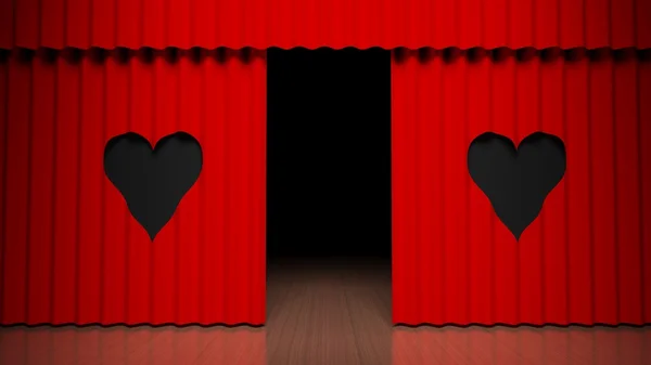 Cortina vermelha no palco de teatro com design de coração — Fotografia de Stock