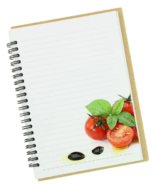 Livro de receitas. Pintura de manjericão e tomate cereja frescos na página do caderno em branco — Fotografia de Stock