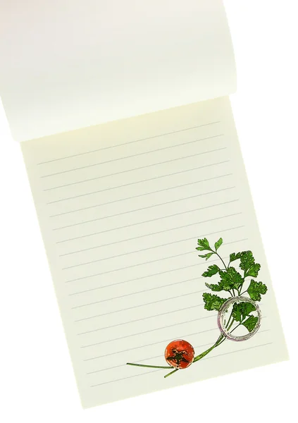 Libro de recetas. Perejil y pintura de tomate cherry en la página del cuaderno en blanco —  Fotos de Stock