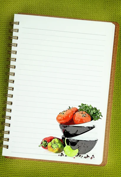 Livro de receitas. Pintura de vegetais na página do caderno em branco — Fotografia de Stock