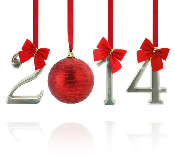 2014 Kalenderornamente hängen an roten Bändern — Stockfoto