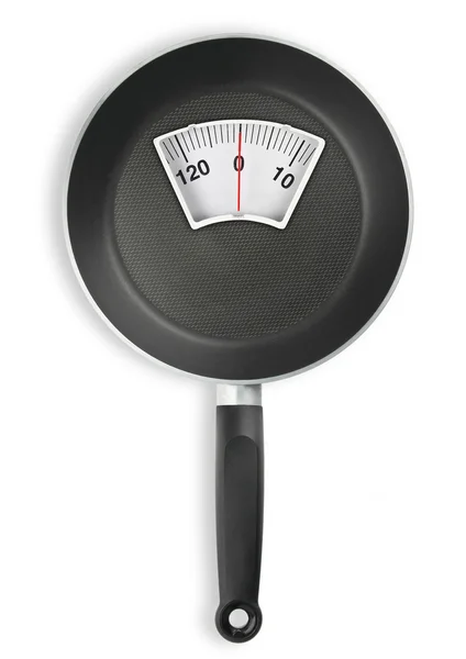 Diet meal. Frying pan with weight scale — Stock Photo, Image