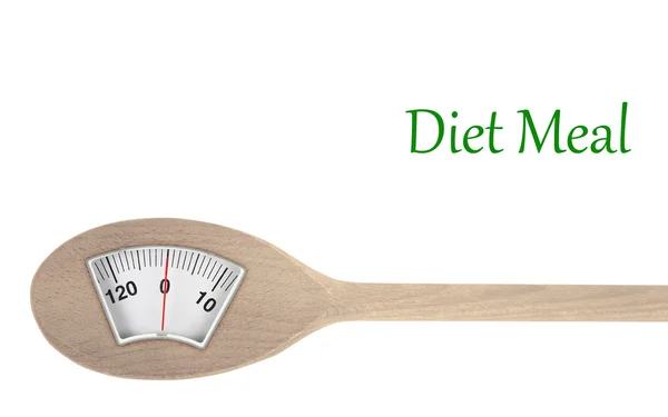 Refeição de dieta. Colher de madeira com balança de peso — Fotografia de Stock