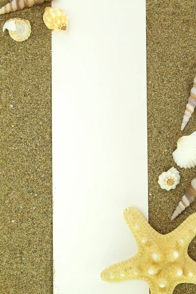 Blank banner and shells on the sand — Stock Photo, Image