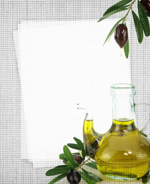 Cartão da receita. Garrafa de azeite sobre textura de tecido — Fotografia de Stock