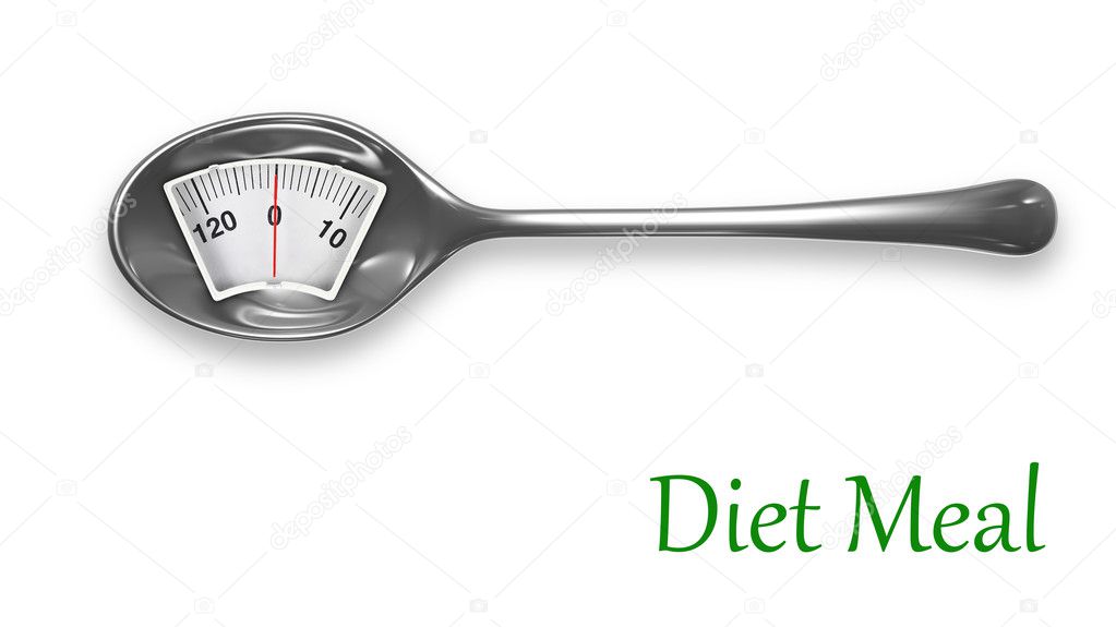 Diet meal. Metal spoon with weight scale