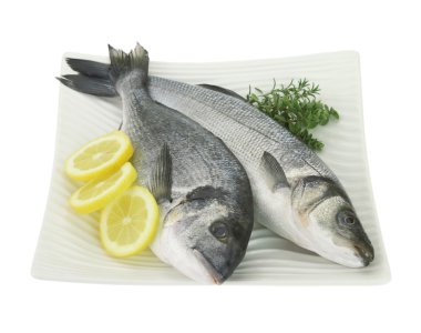 limon ve beyaz izole plaka üzerinde otlar taze balıklar