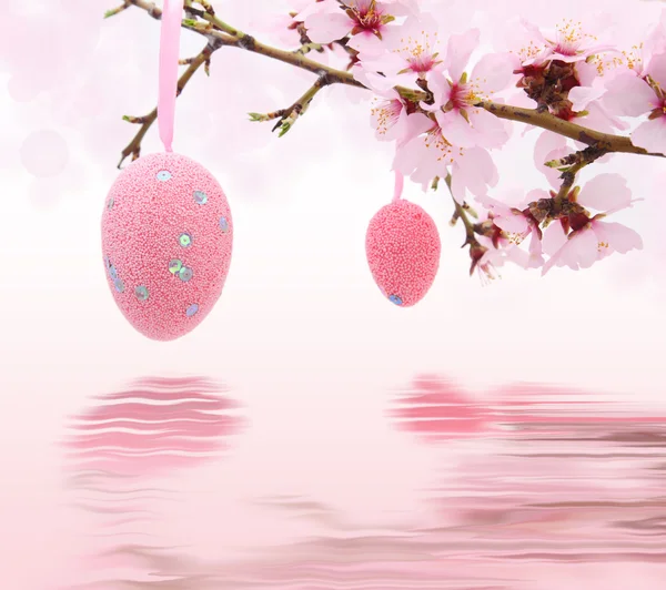 Easter eggs hanging on the almond tree reflected in water — Stock Photo, Image