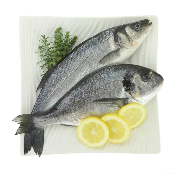 Fresh fishes with lemon and herbs on plate isolated on white — Stock Photo, Image