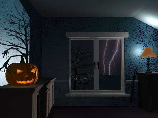 Habitación oscura aterradora en la noche lluviosa de Halloween —  Fotos de Stock