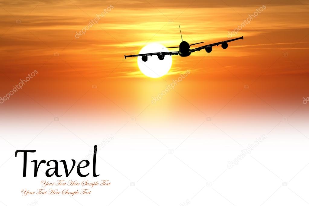 Beautiful sunset with airplane isolated on white