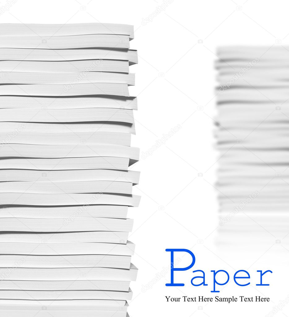 Close up of stack of papers on white background
