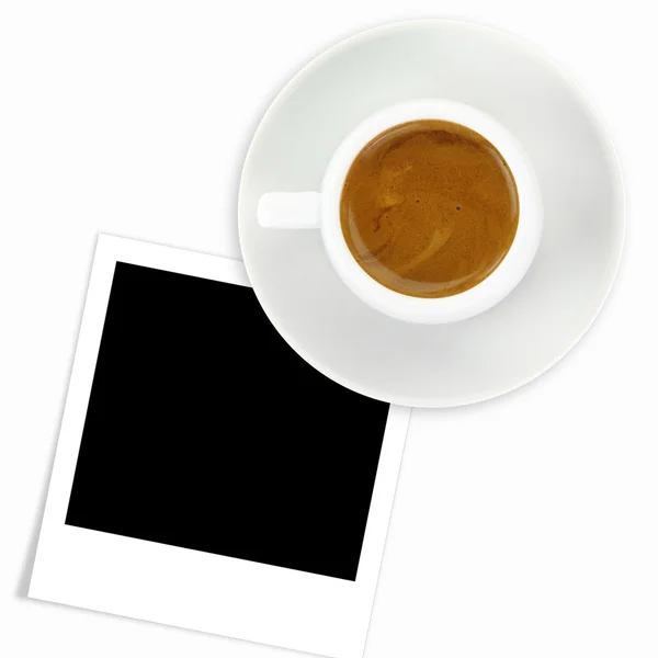 Cup of espresso coffee and photo frame isolated on white — Stock Photo, Image