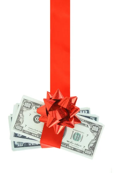 Gift of money hanging on red ribbon — Stock Photo, Image