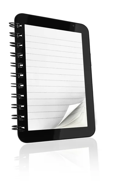 Tablet computer with notebook pages on white background — Stock Photo, Image
