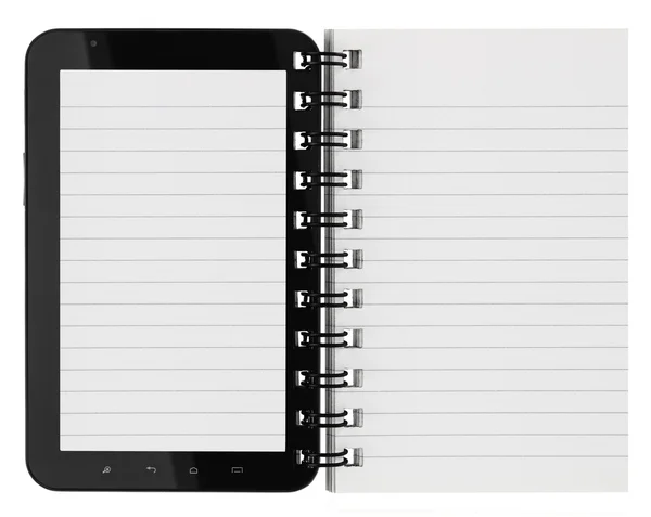 Tablet-Computer mit Notizbuchseiten auf weißem Hintergrund — Stockfoto